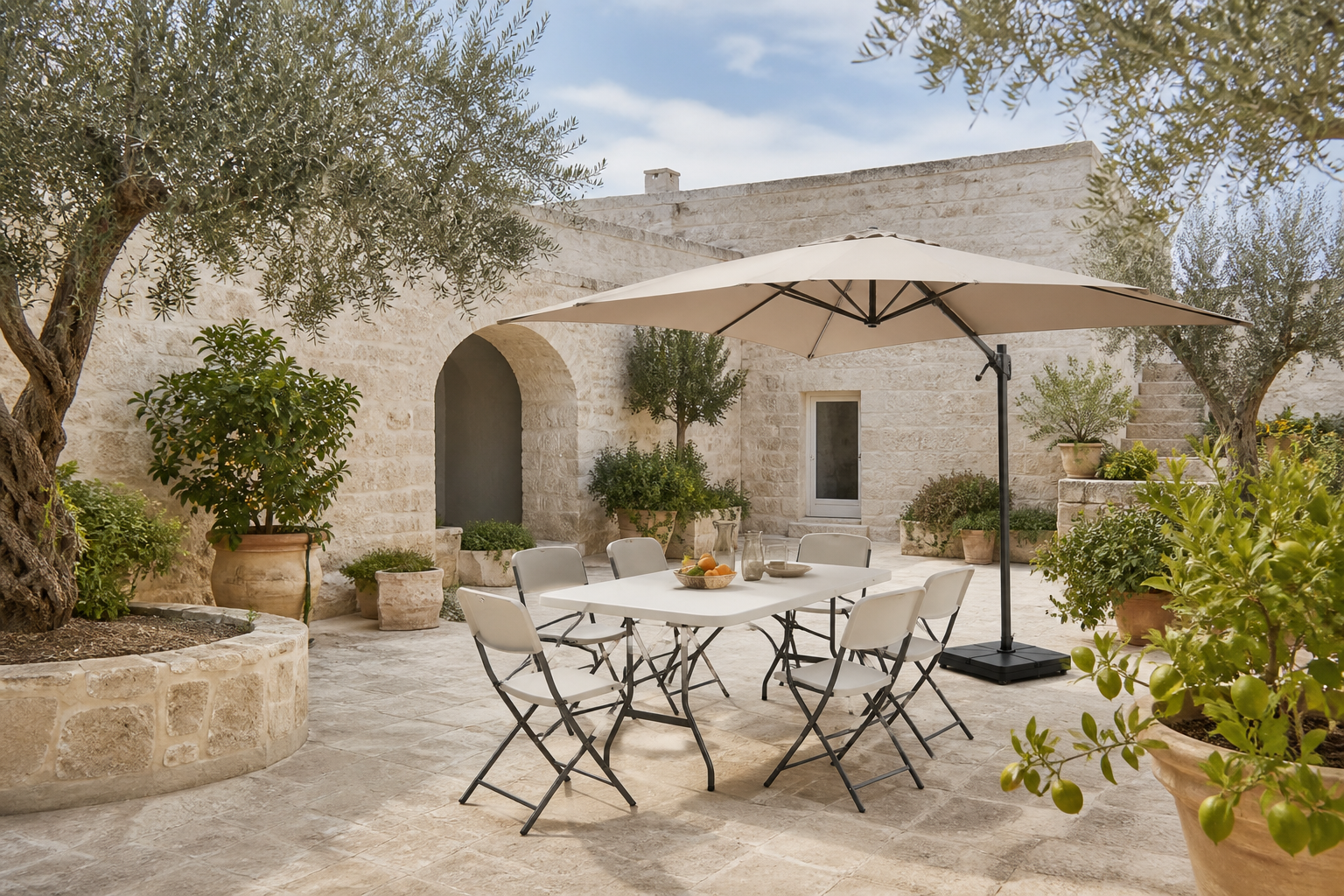 Southern Italy courtyard with outdoor furniture and umbrella base