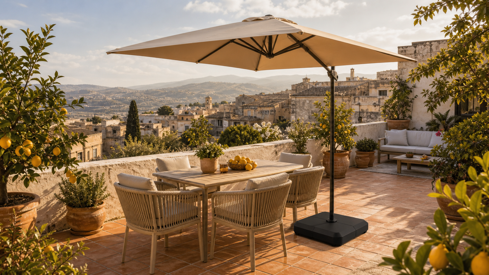 Southern Italy rooftop lifestyle scene with patio umbrella and base